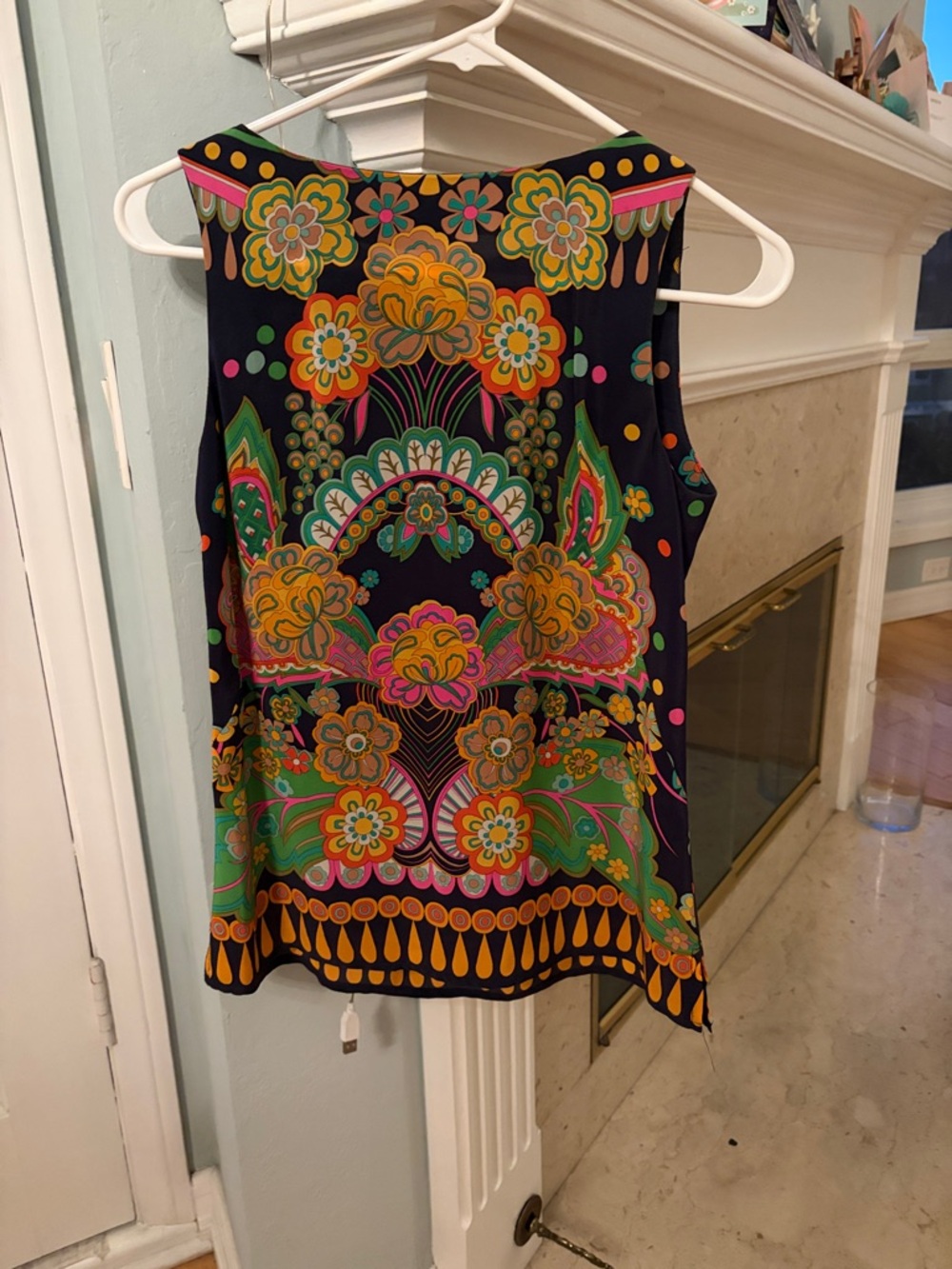 Nanette Lepore Deep NavyFloral Paisley Sleeveless Top with Pink, Green & Yellow